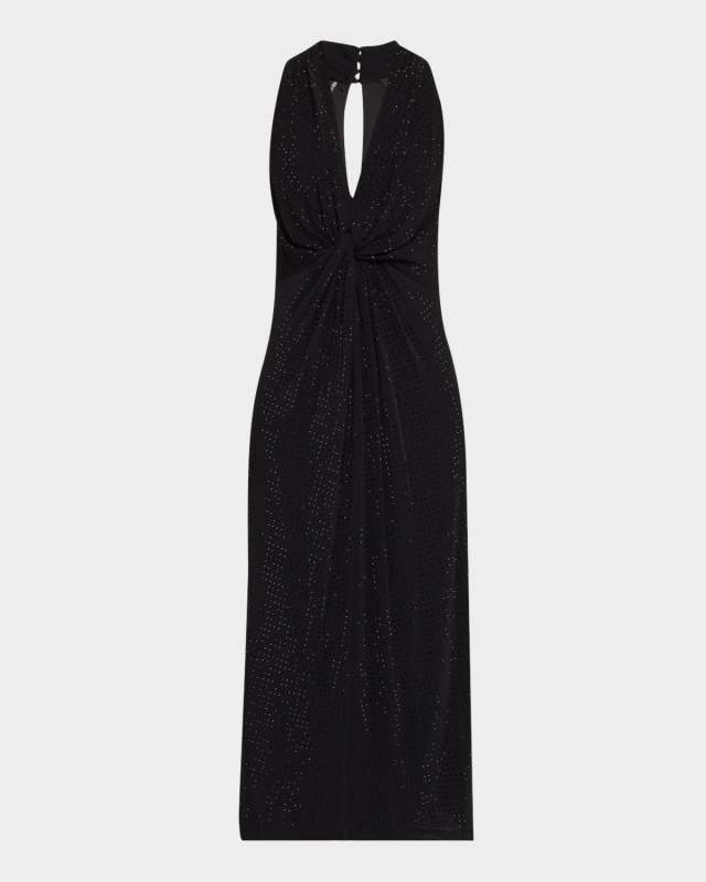 Twist-Front Rhinestone Midi Dress